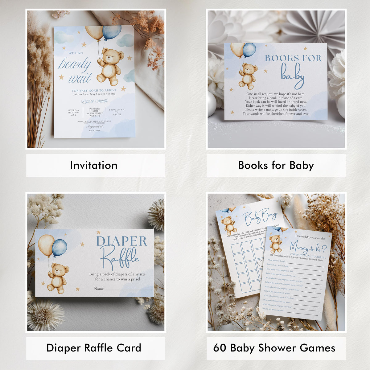 Teddy Bear Baby Shower Bundle, We can Bearly wait Invitation, Party Set Decoration