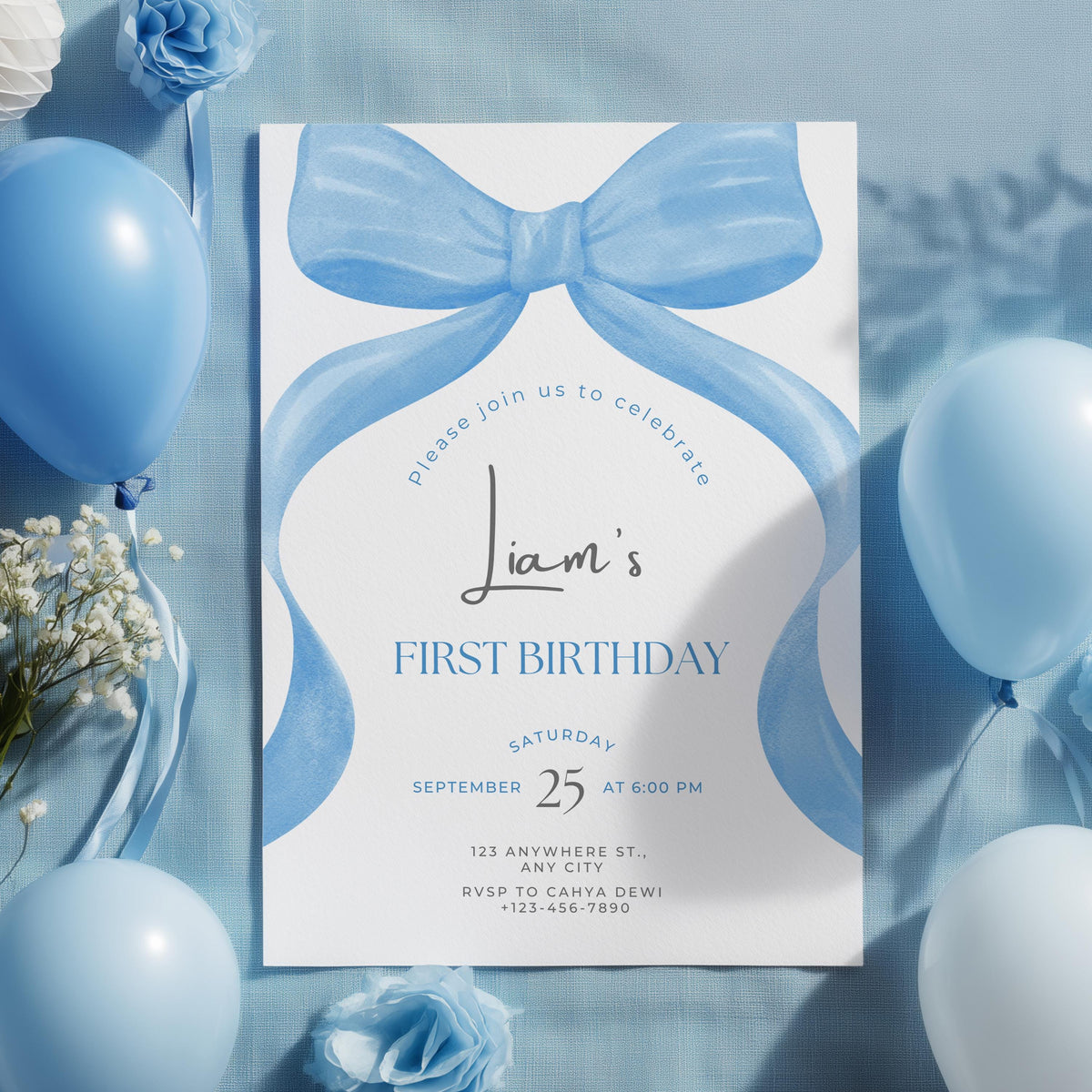 Blue Bow Birthday Invitation, Blue Ribbon Birthday Invitations, Blue Ribbon 1st Birthday , Blue Bow 1st Birthday Party Invite