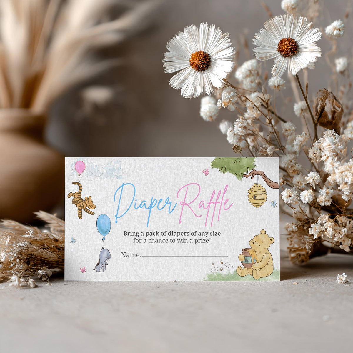 Winnie the Pooh Gender Reveal Diaper Raffle Card, Printable Baby Shower Nappy Raffle Cards