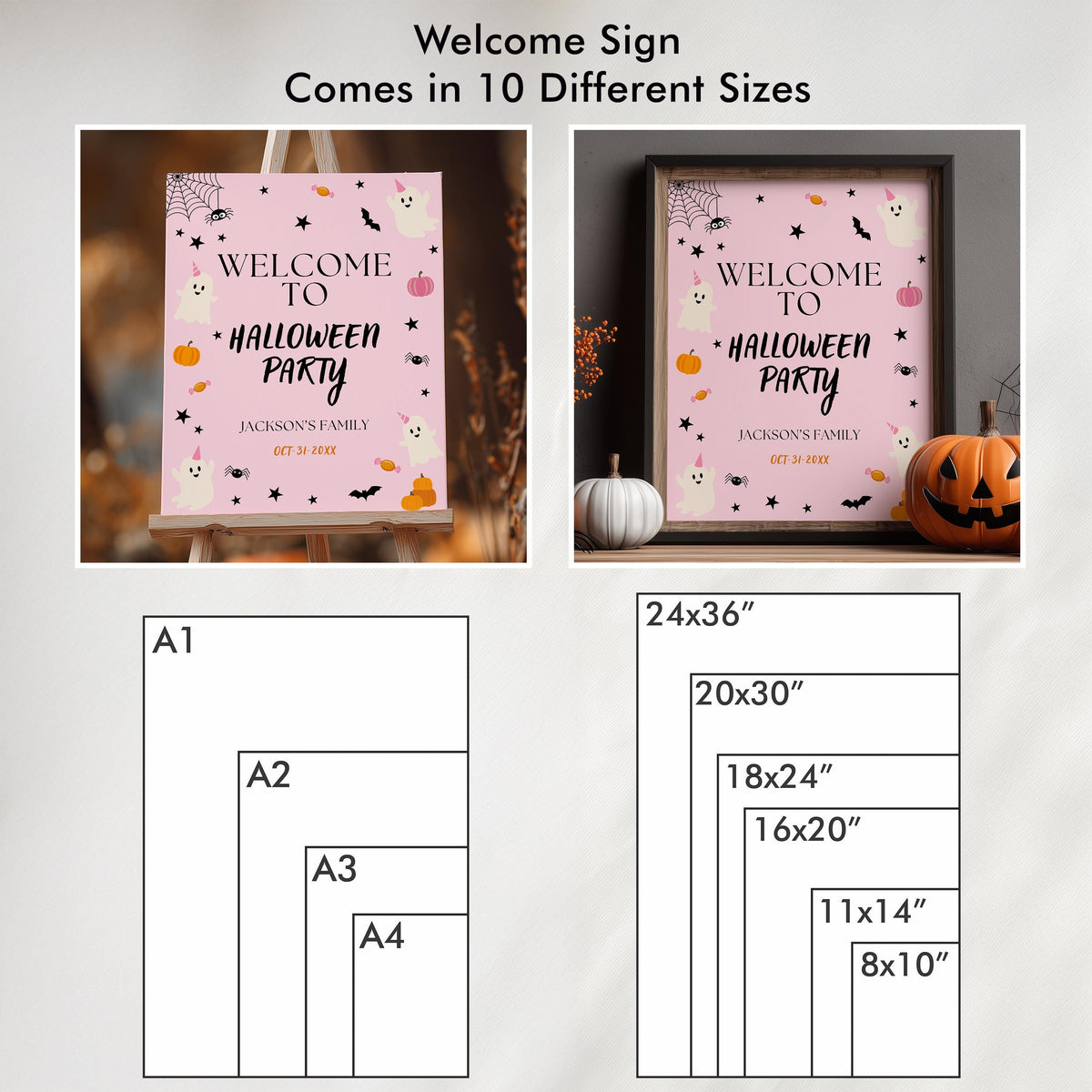 Girl Halloween Welcome Sign, Pink Ghost Halloween, Download Template