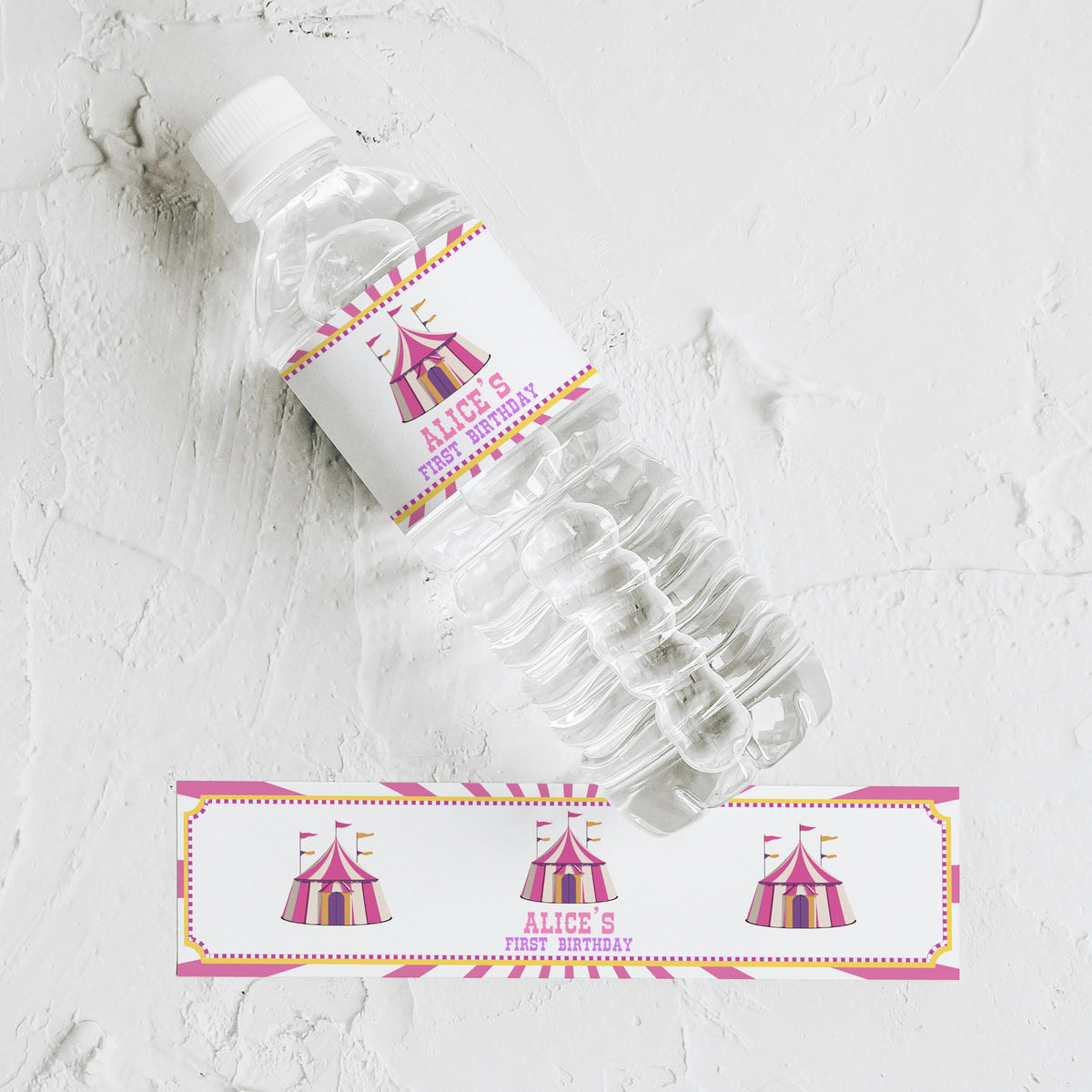 Pink Circus Water Bottle Labels, 1st Birthday Printable Bottle Label