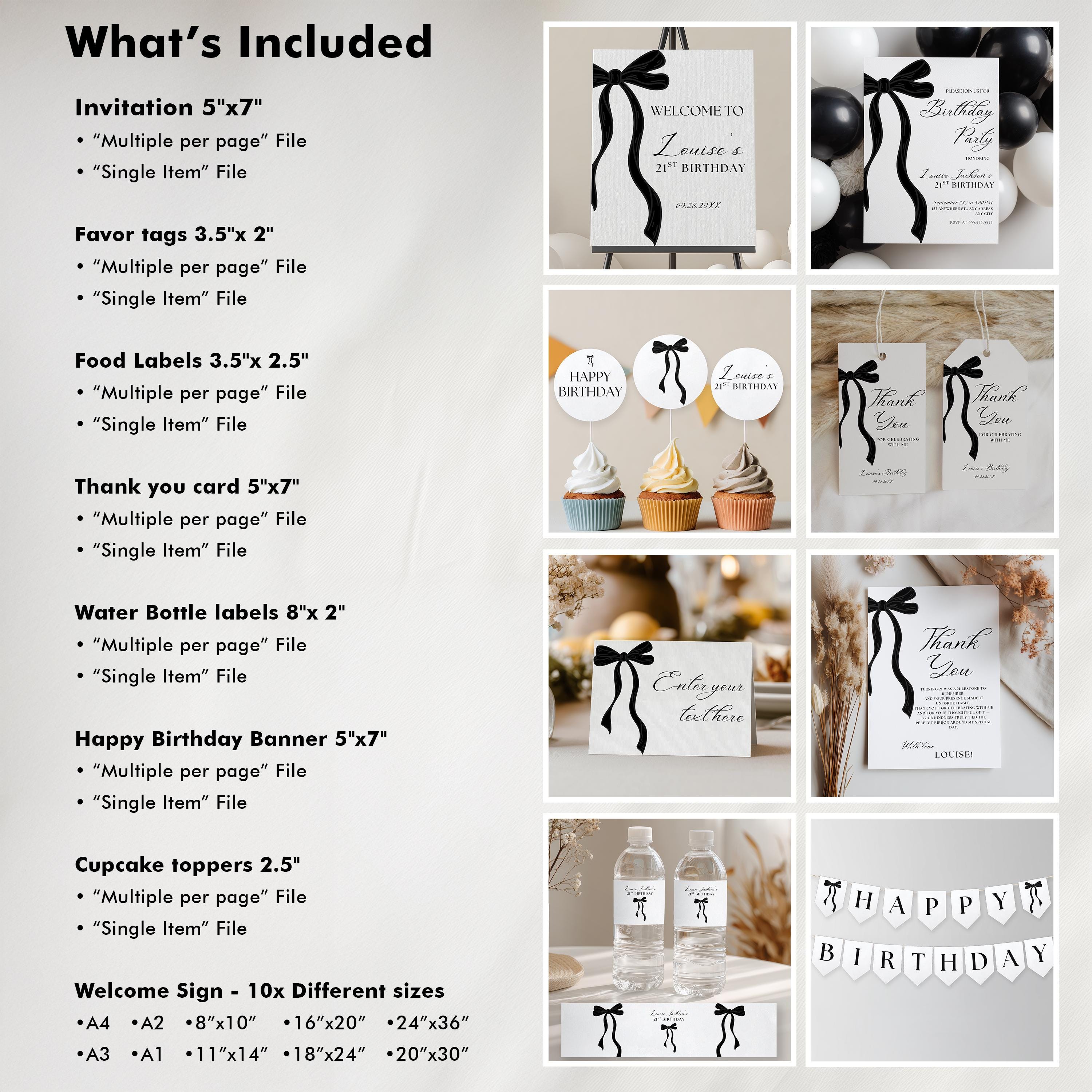 21st Party Decoration | 21st Birthday Bundle | Adult Black Bow Twenty-first Minimalist Decorations | Download 9172