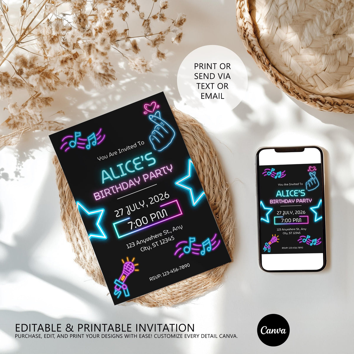 Editable Music Neon K-Pop Birthday Invitations, Music Neon KPop Invite, Korean Pop Theme Birthday Invitation Template, INSTANT DOWNLOAD