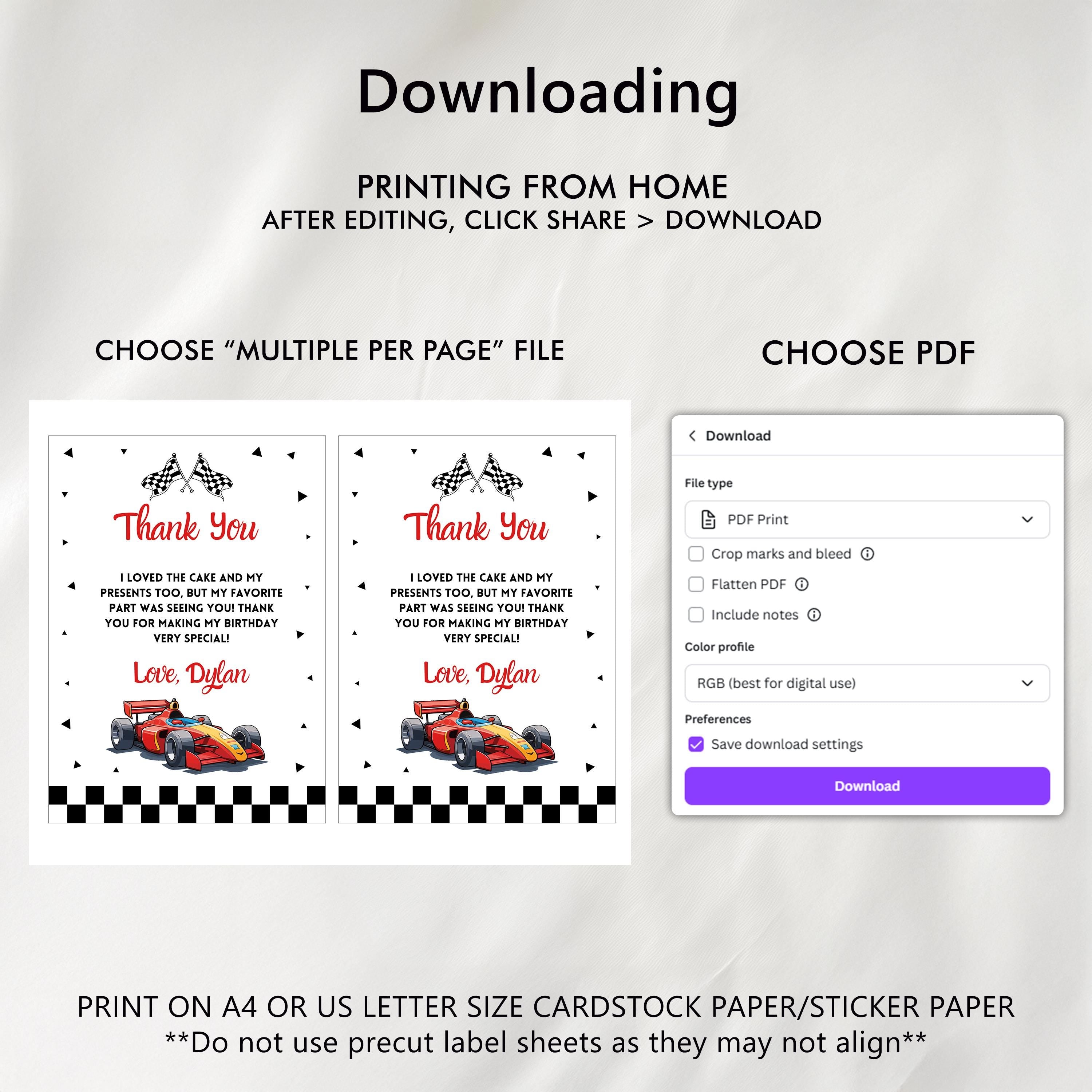 Racing Car Editable Birthday Thank you card, Racing Car Thank you card Printable Template Instant Download 5987