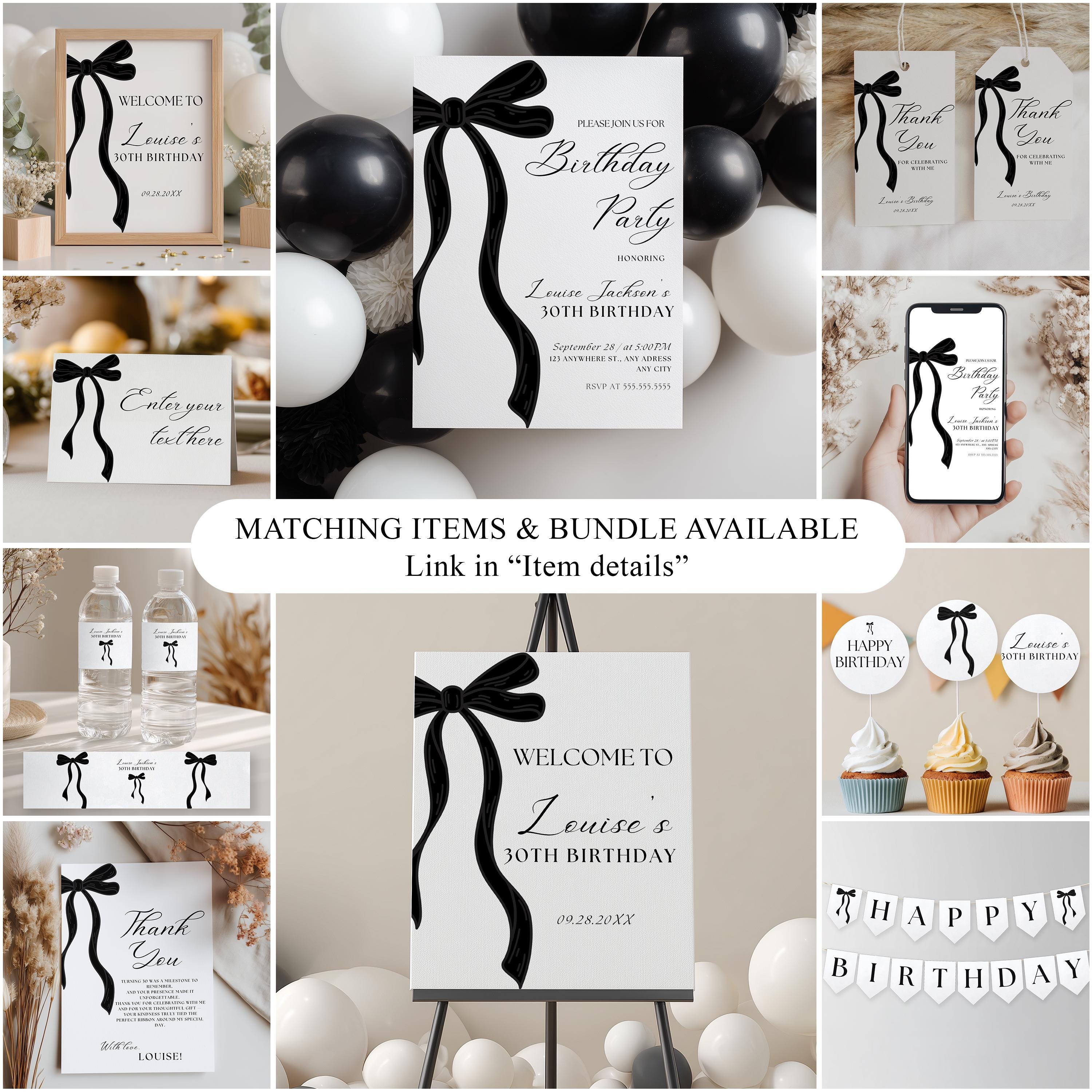 30th Black Bow Bottle Labels, Printable Water Label, Thirty Minimalist Modern Printable Party 9177