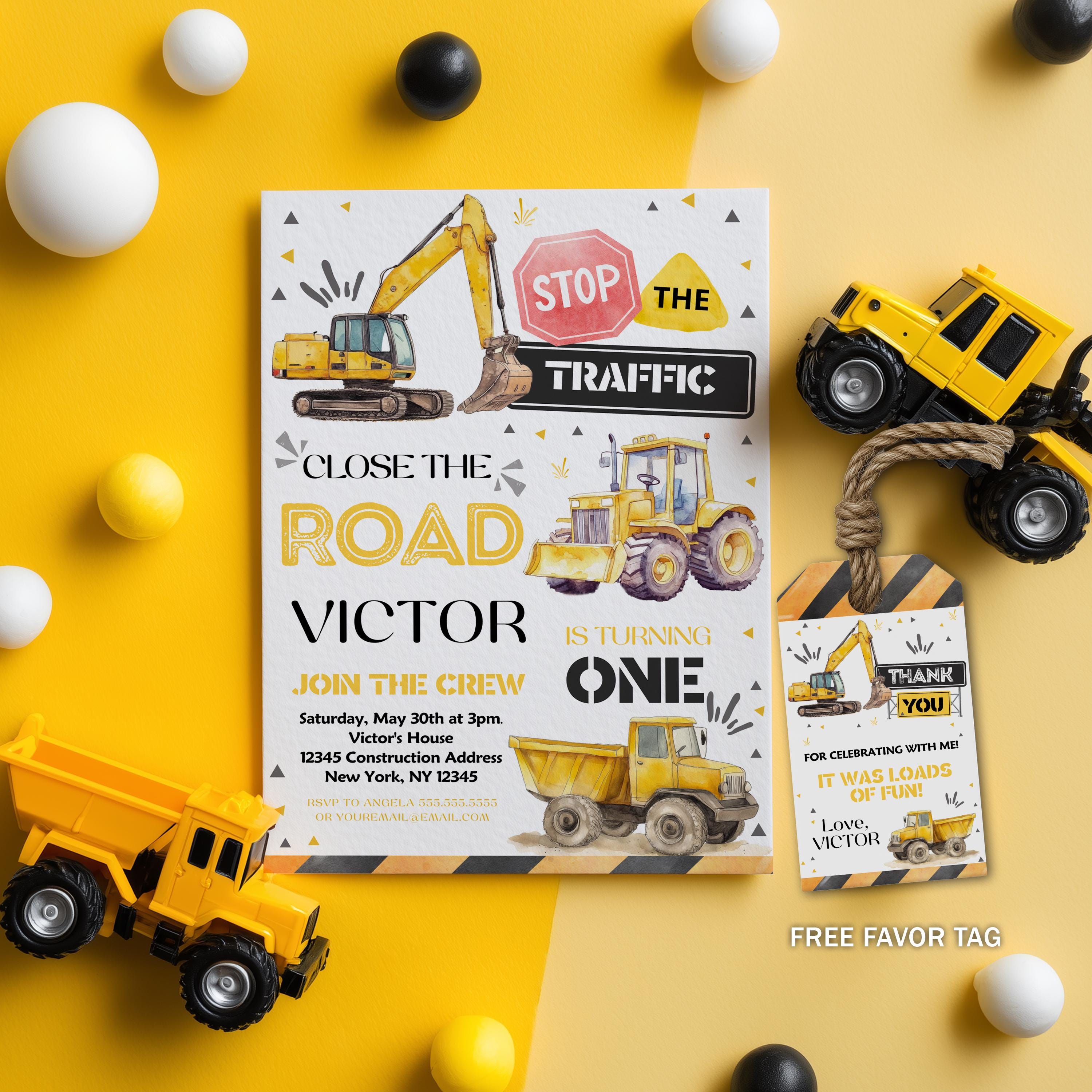 Construction First Birthday Invitation, Yellow Tractors Party Invite, Digital download Template 9164