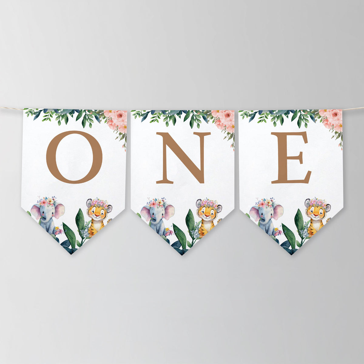 Safari Girl High Chair Banner Wild One First Girl Birthday Party Decor Printable Bunting Flag