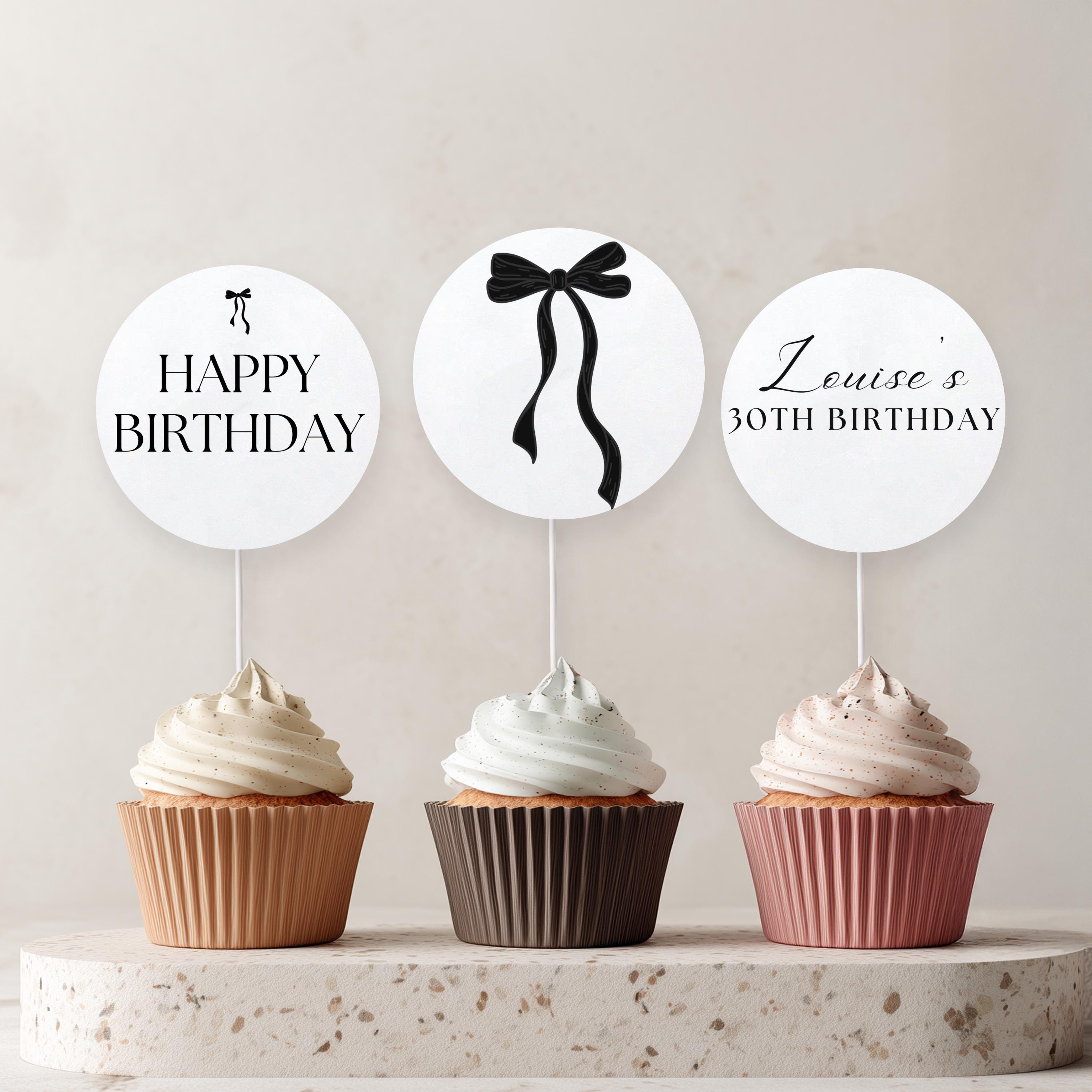 30th Black Bow Minimalist Cupcake Toppers, 30th Birthday, Gender neutral, Simple Cake Topper 9177
