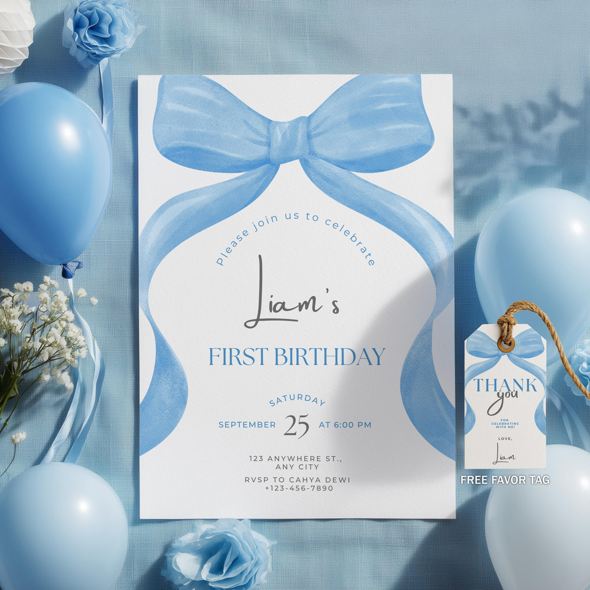 Blue Bow Birthday Invitation, Blue Ribbon Birthday Invitations, Blue Ribbon 1st Birthday , Blue Bow 1st Birthday Party Invite