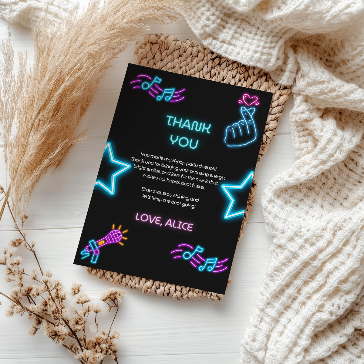 Music Neon Kpop Editable Birthday Thank You Card | Instant Download