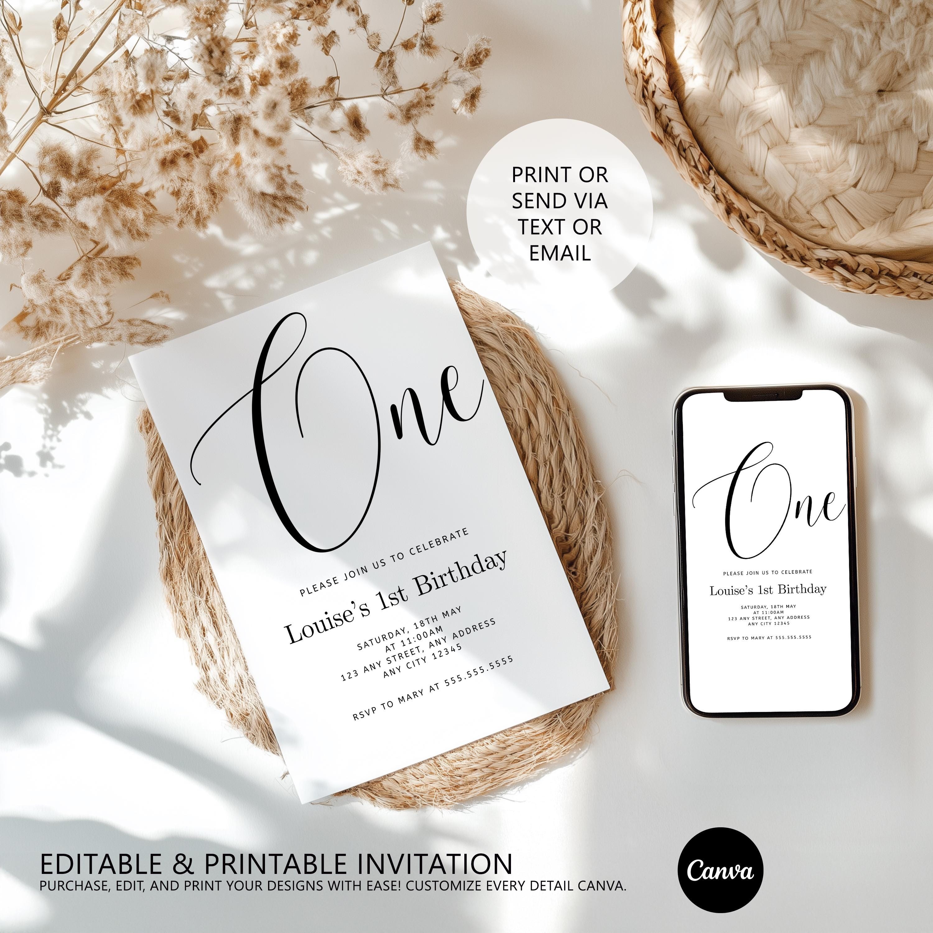 Minimalist Modern First Birthday Invitation, Gender neutral Invite, 1st Birthday Party Invitations 9175
