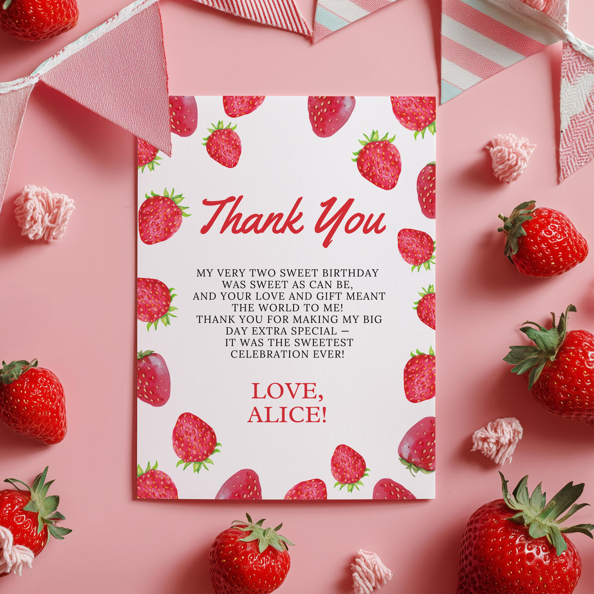 Two Sweet Thank You Card Template, Strawberries Card