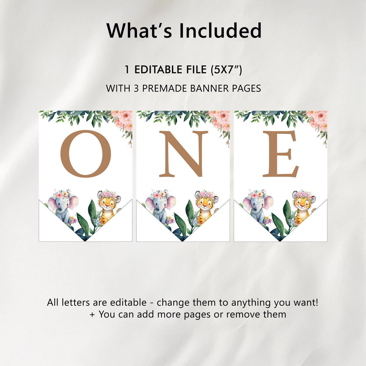 Safari Girl High Chair Banner Wild One First Girl Birthday Party Decor Printable Bunting Flag