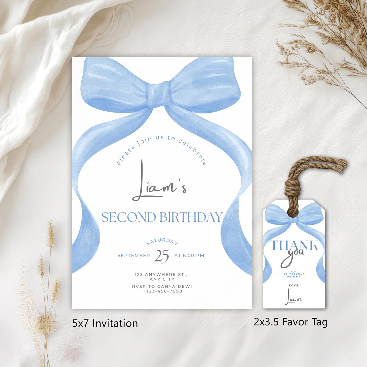 Blue Bow Birthday Invitation, Blue Bow Invitation, Blue Bow Birthday, Blue Ribbon Birthday Party Invite