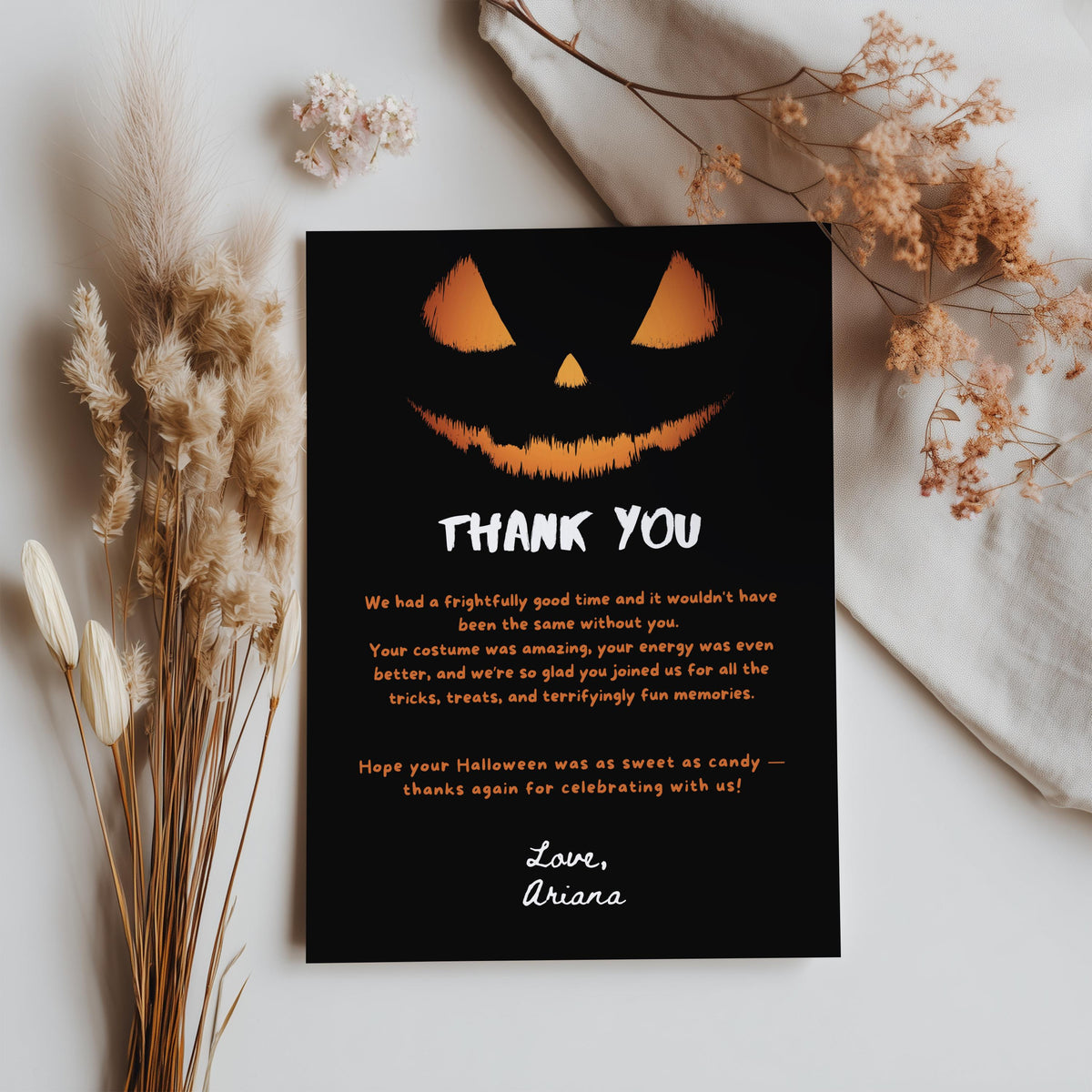 Editable Halloween Pumpkin Face Party Thank You Card | Instant Download Template