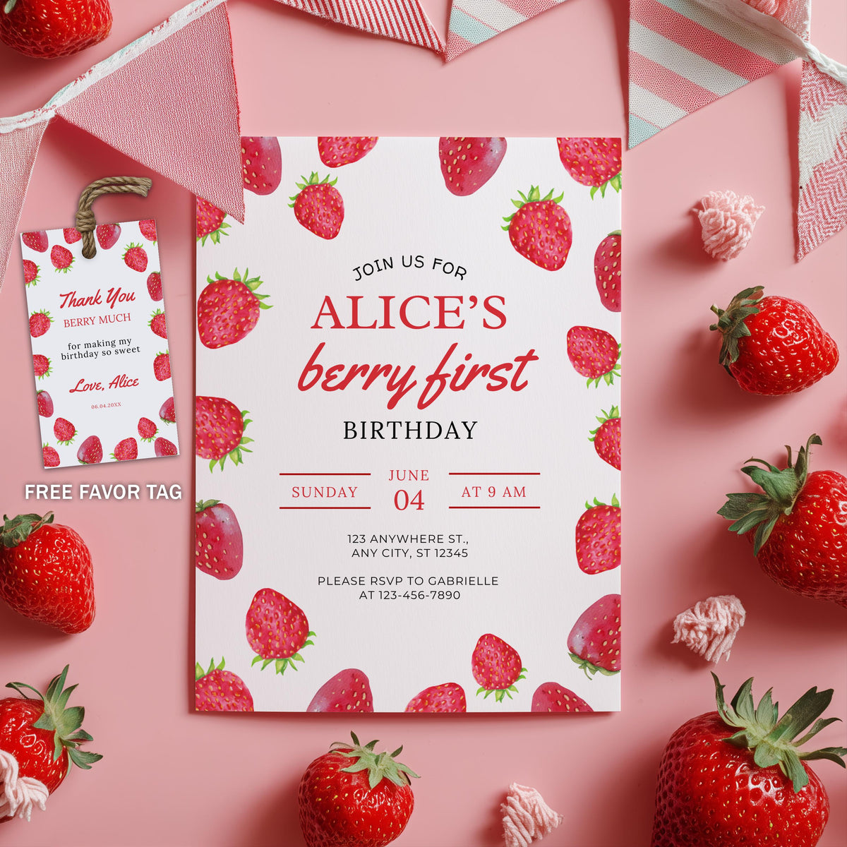 Strawberry Invitation , Berry First Birthday Invite