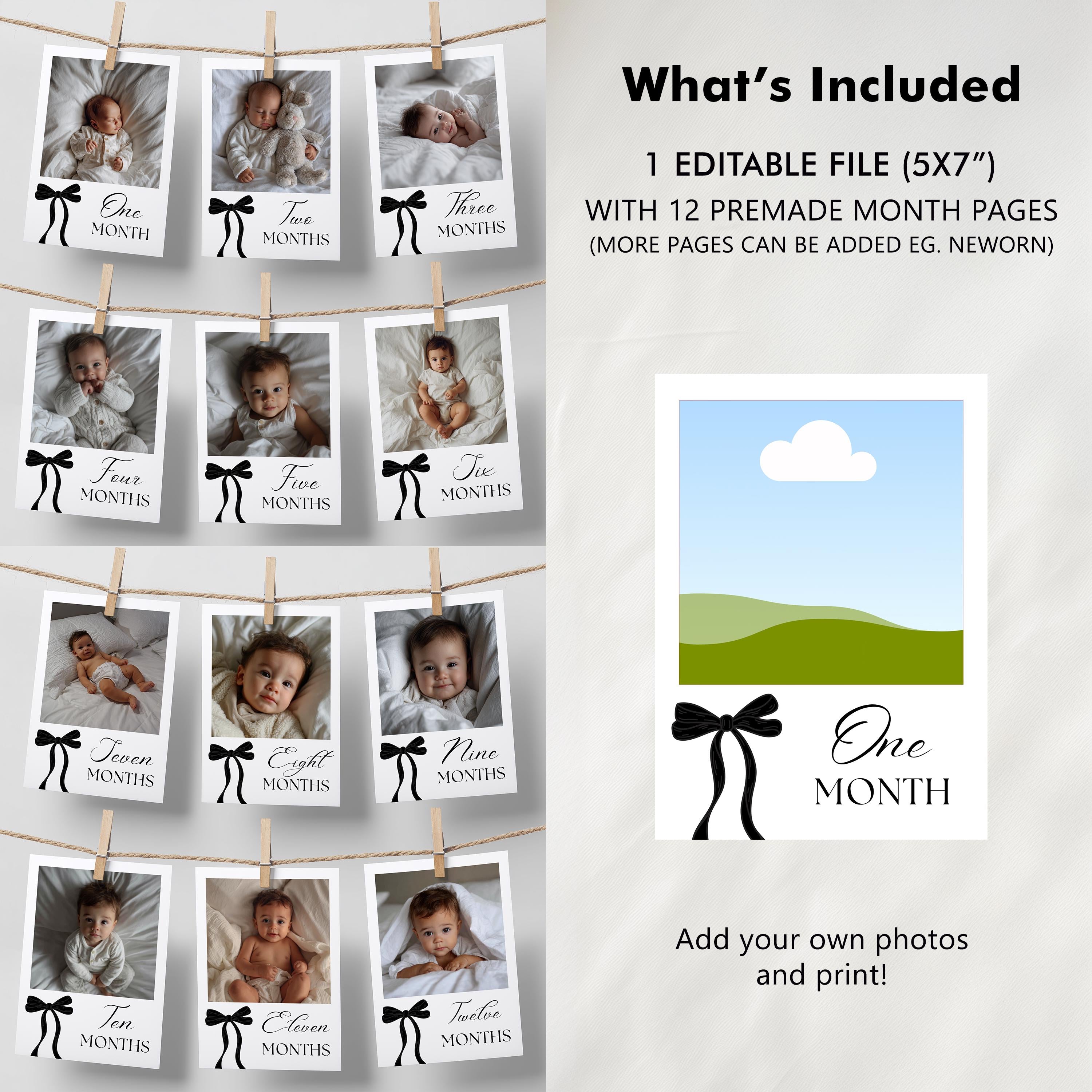 Black Bow Minimalist First Birthday Photo Banners, 1st Birthday Banner, Gender Neutral Cards 9174