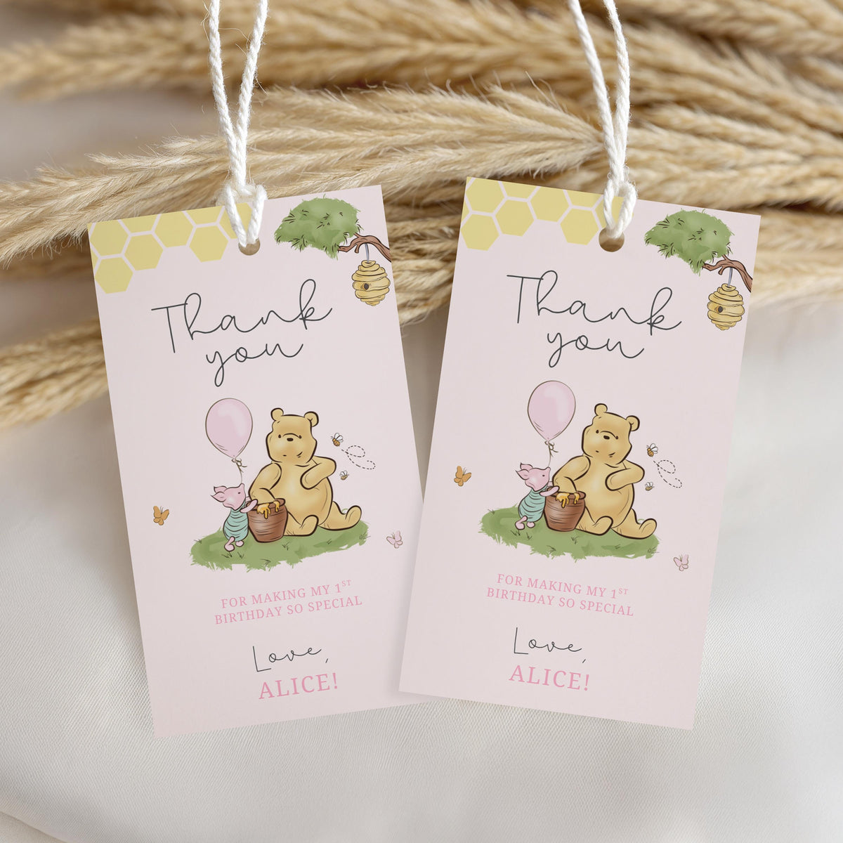 Pink Winnie the Pooh Favor Tags, Birthday Thank You Tags, Printable Gift Tag