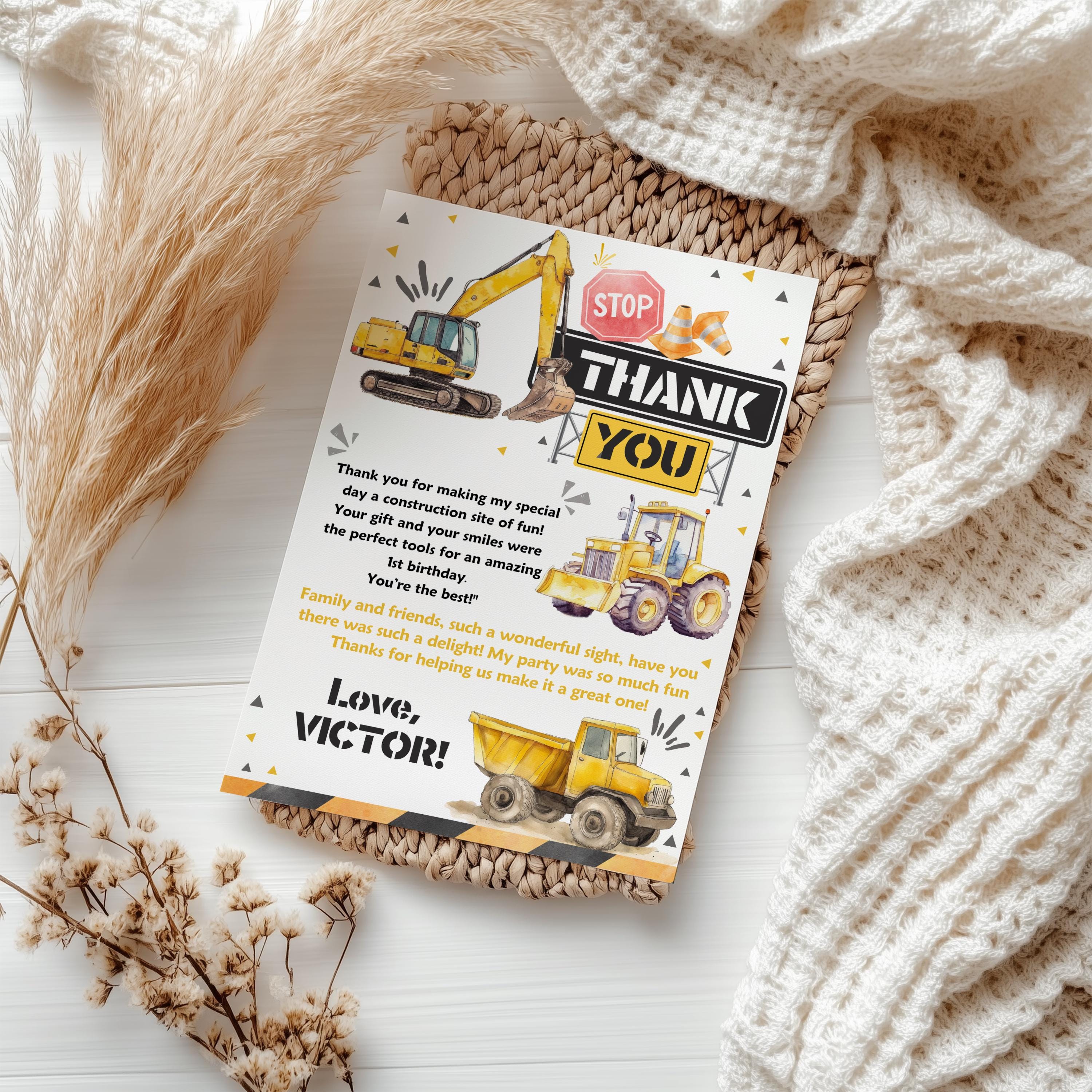 Editable Construction Thank you card, Construction Birthday Note card, Dump Truck Party, Printable template Digital Instant download 9164