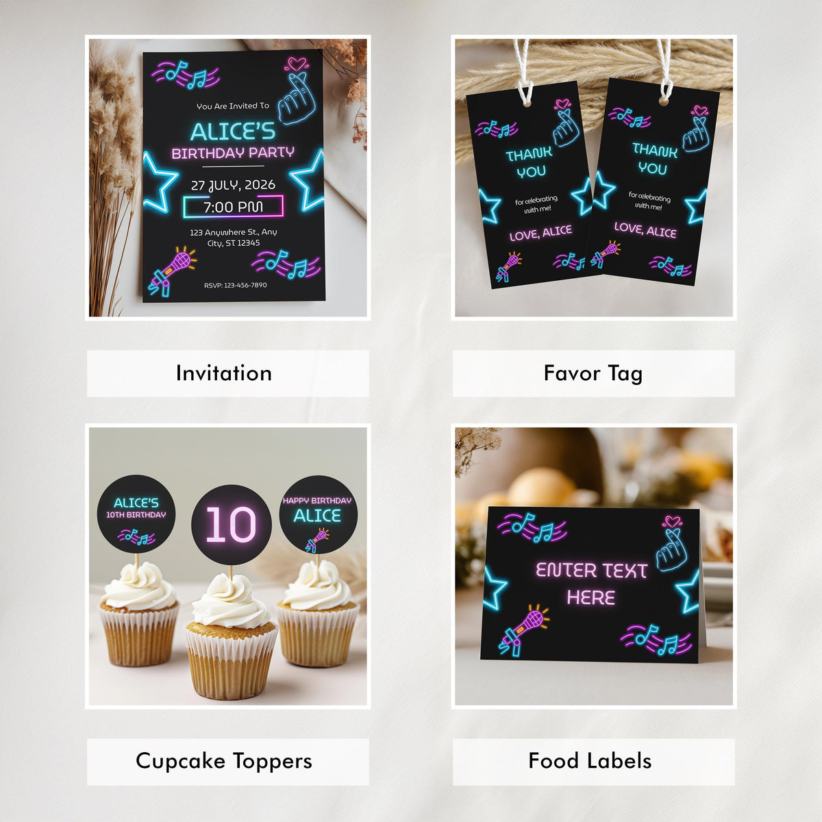 Editable Music Neon K-pop Party Decorations | Music Neon Kpop Singer Birthday Bundle | Music Korean Pop Party Set | Instant Download
