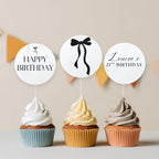 21st Black Bow Cupcake Toppers, Minimalist Decorations, Printable Template 9172