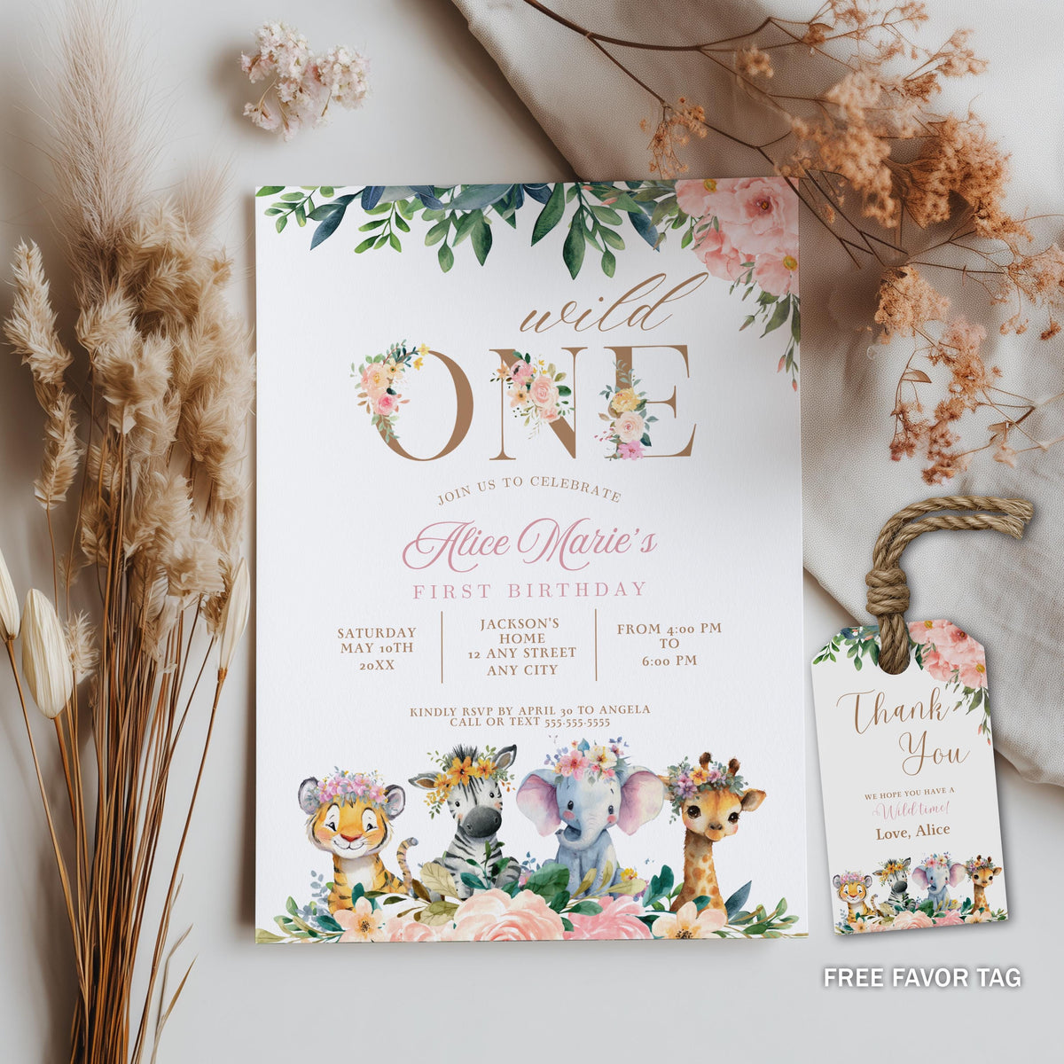 Wild One Girl Invitation, Safari Birthday Party Invite, Instant Download