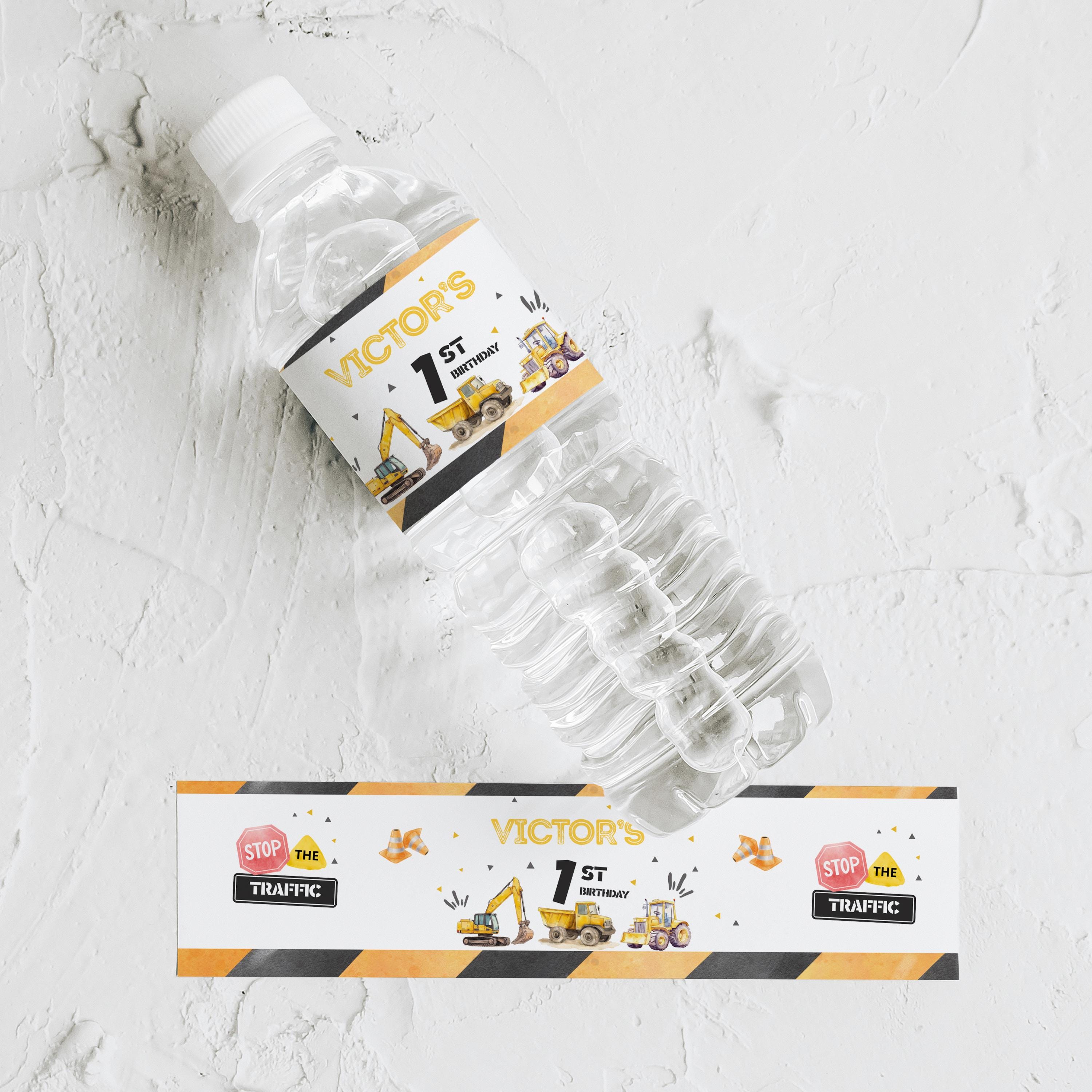 Construction First Birthday Water Bottle Label | Editable Canva Template | Party Printable 9164