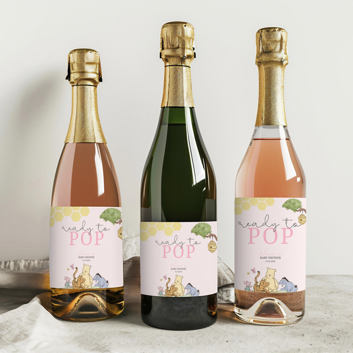 Pink Winnie the Pooh Baby Shower Champagne Labels, Printable Wine Labels