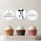 18th Black Bow Cupcake Toppers, Minimalist Decorations, Printable Template 9173