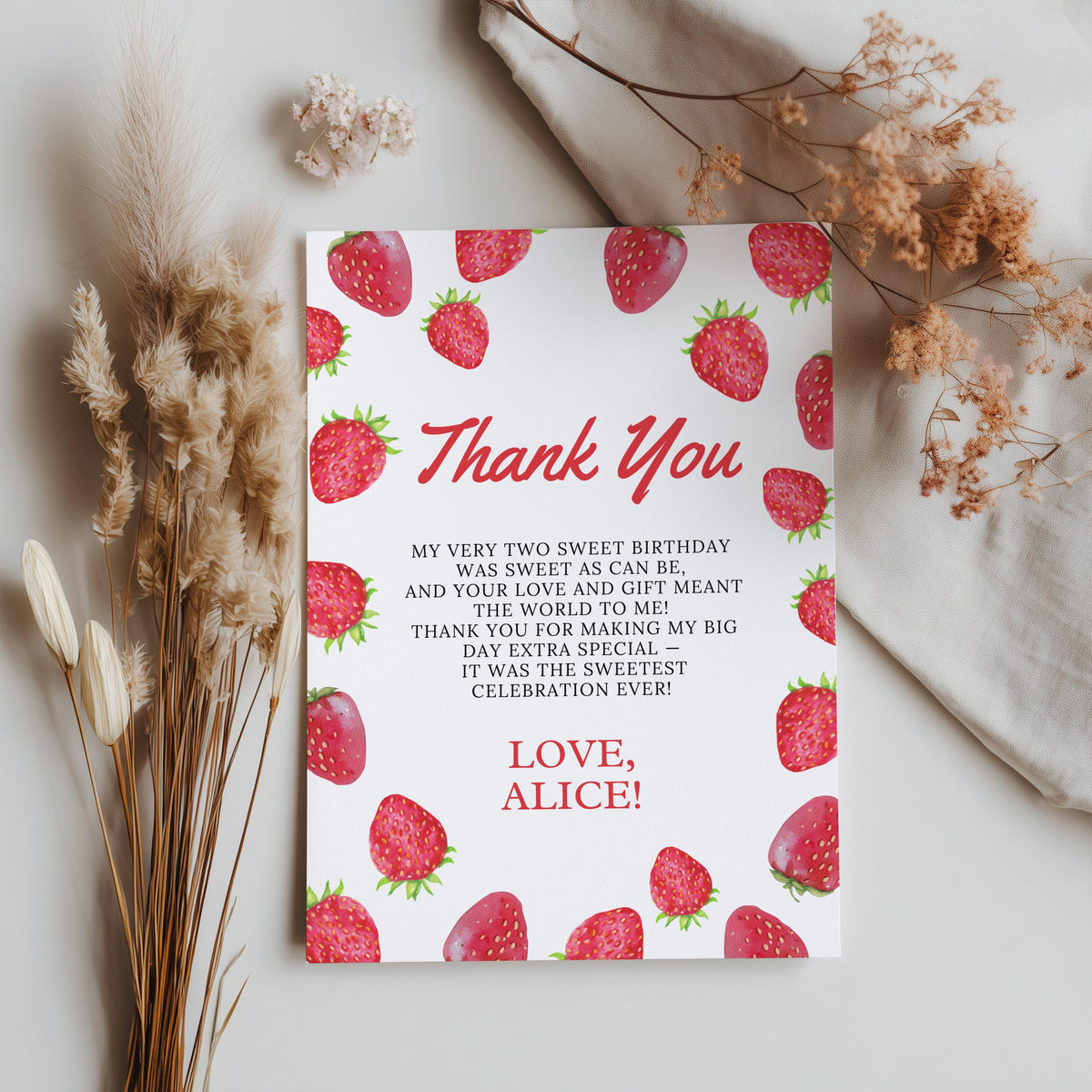 Two Sweet Thank You Card Template, Strawberries Card