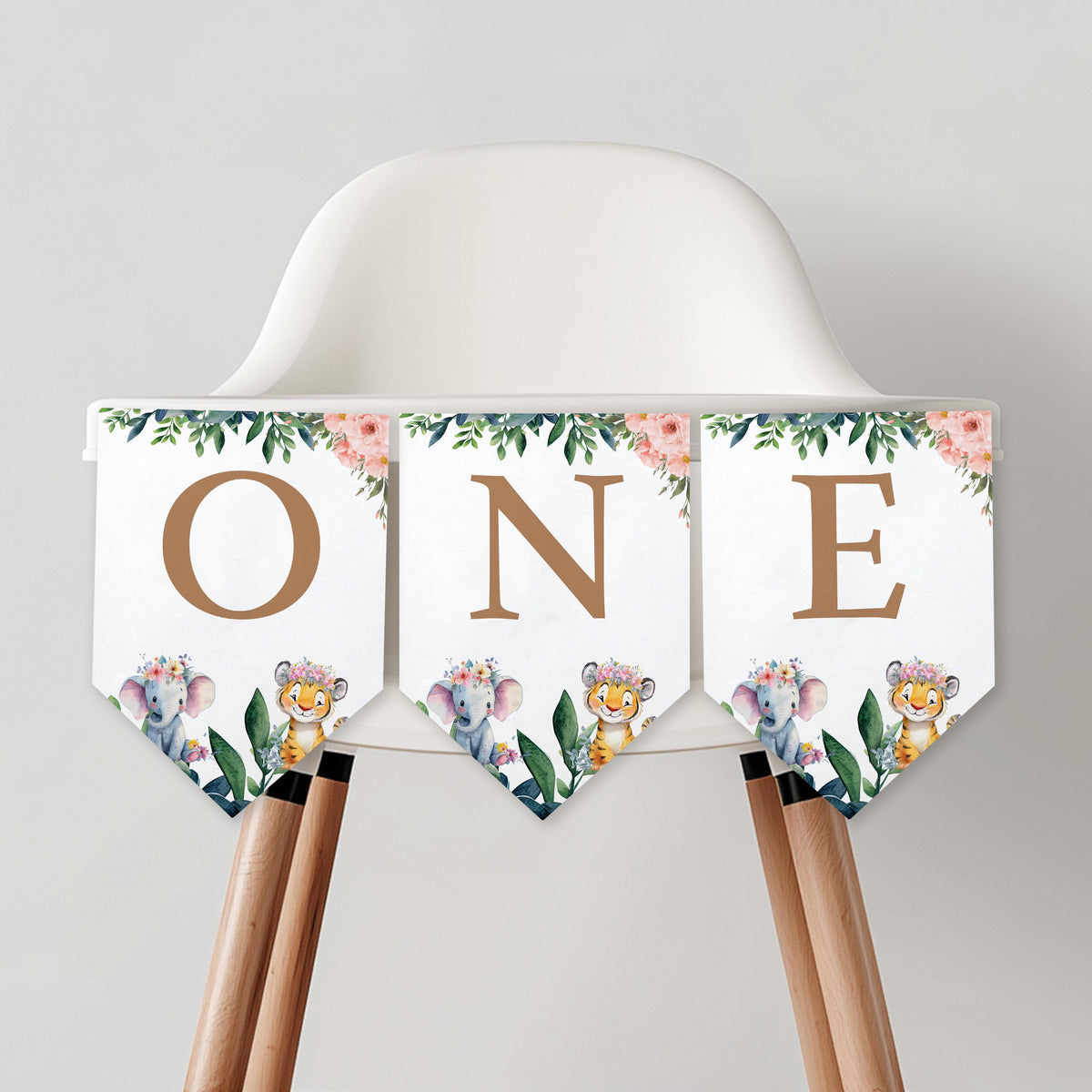 Safari Girl High Chair Banner Wild One First Girl Birthday Party Decor Printable Bunting Flag