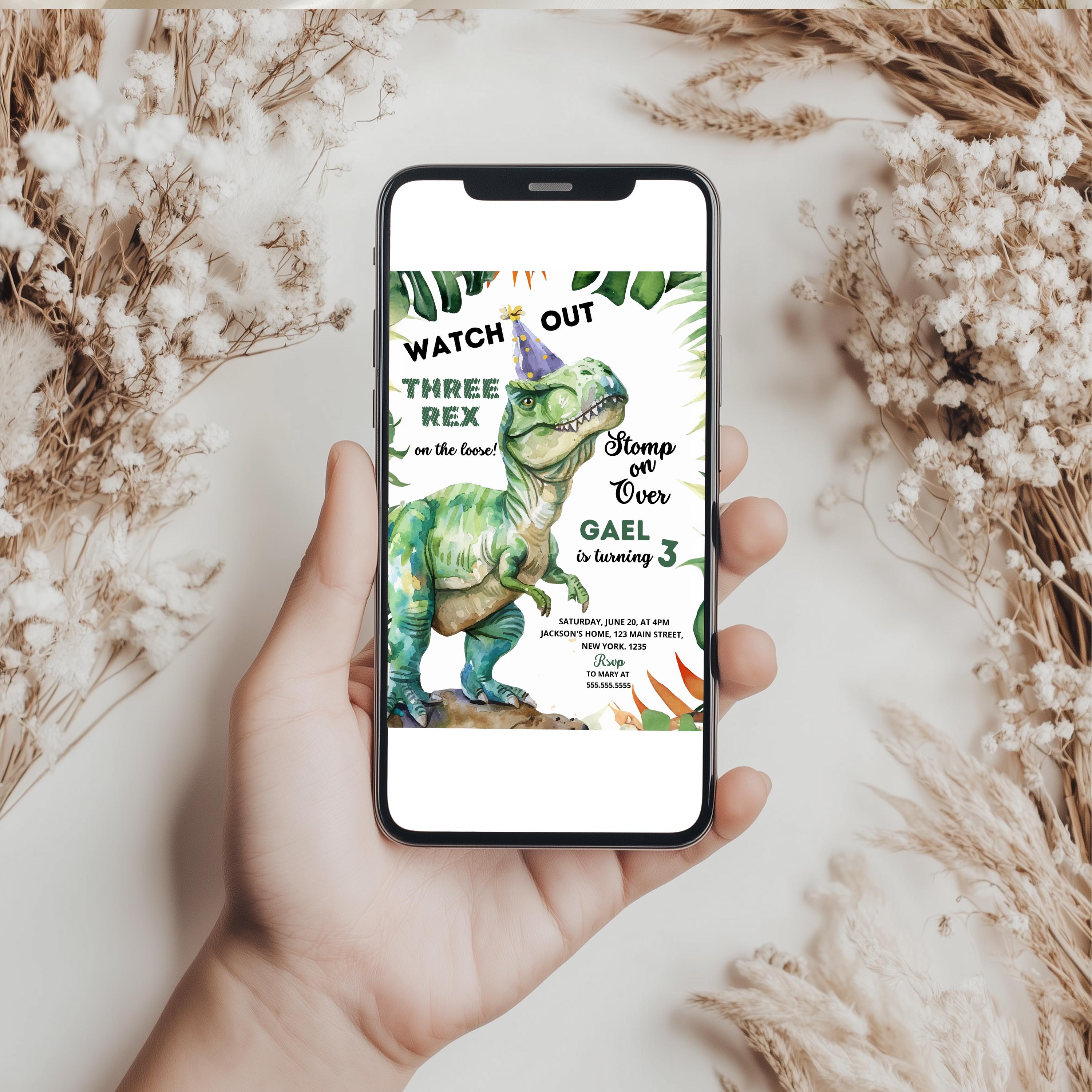 Dinosaur Three-Rex Birthday Invitation | Editable Canva Template | 3rd Birthday Invite | Instant Download 9014