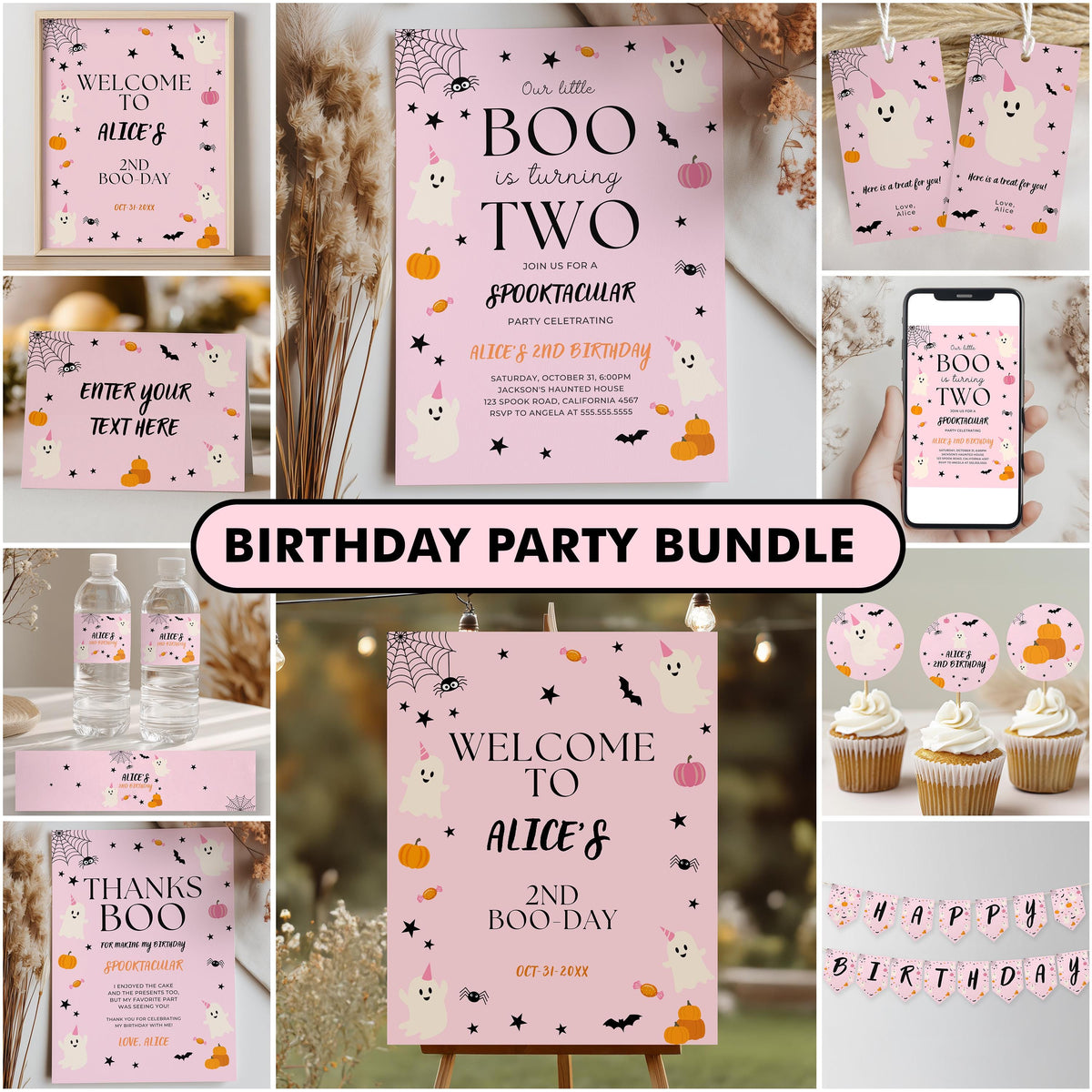 Pink Halloween Ghost Party Bundle: Editable Decorations (Digital Download)