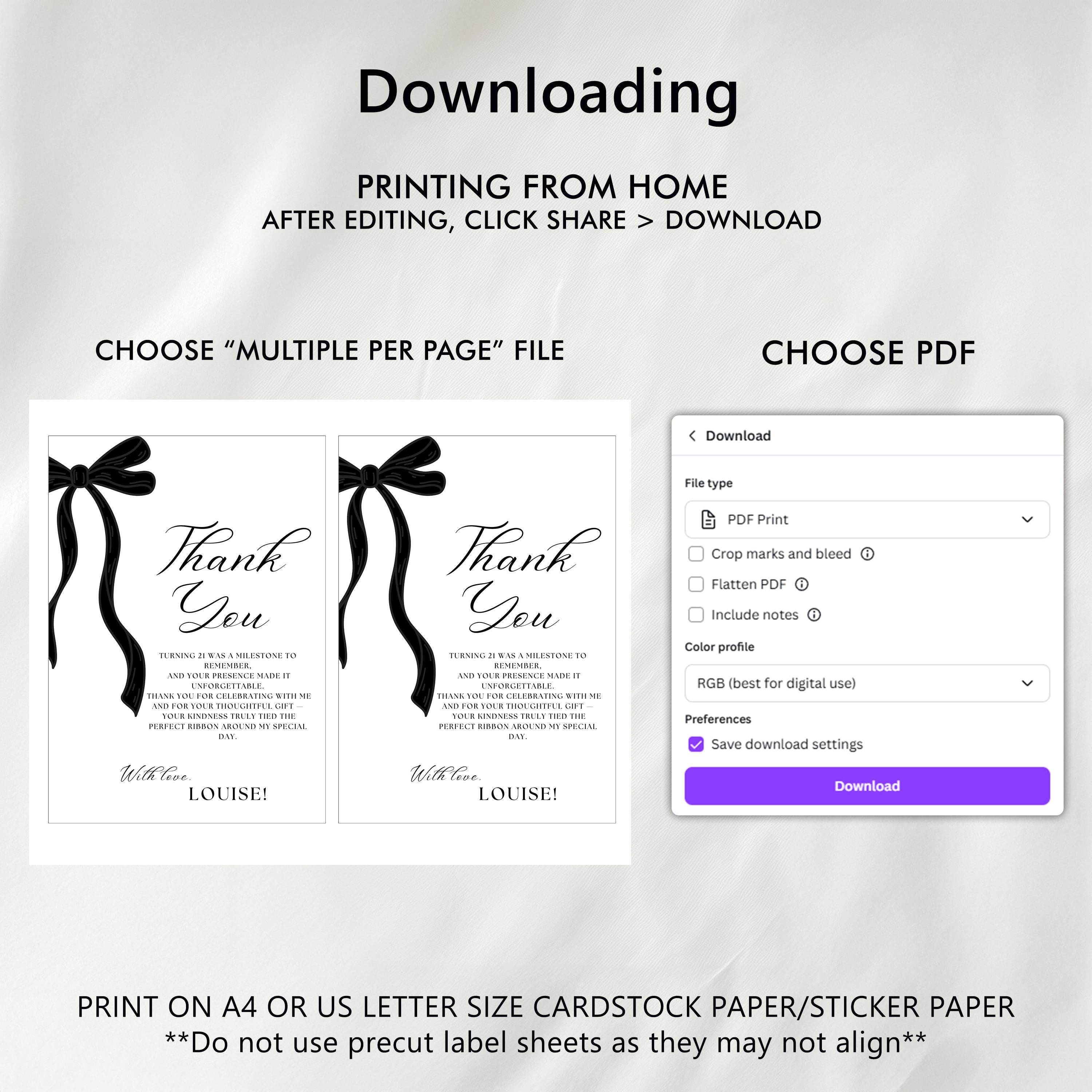 21st Black Bow Thank You Card Printable Template 9172