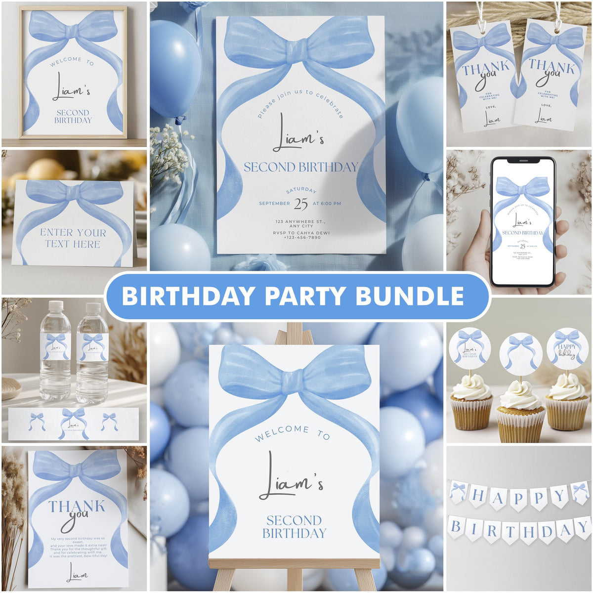 Editable Blue Bow Birthday Party Decorations | Blue Bow Birthday Bundle | Blue Ribbon Party Set | Instant Download