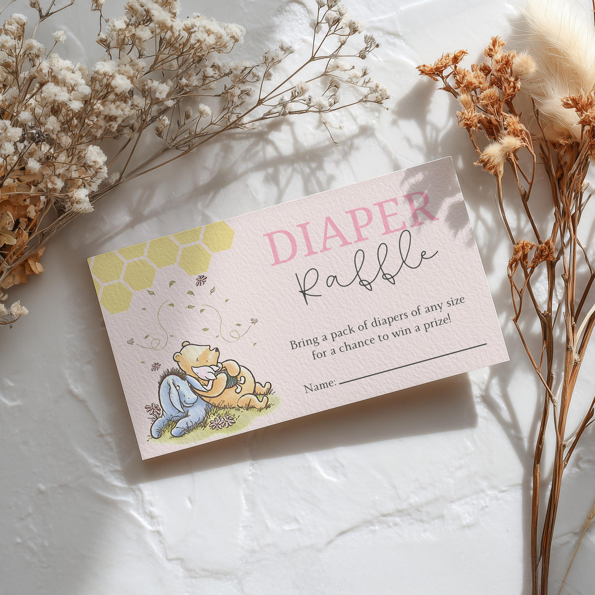 Pink Winnie the Pooh Diaper Raffle Card, Printable Nappy Raffle Cards