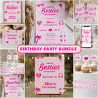 Editable Hot Pink Doll Summer Party Decorations, Pink Pool Party Package Birthday Bundle, Birthday Party Set Template Instant Download