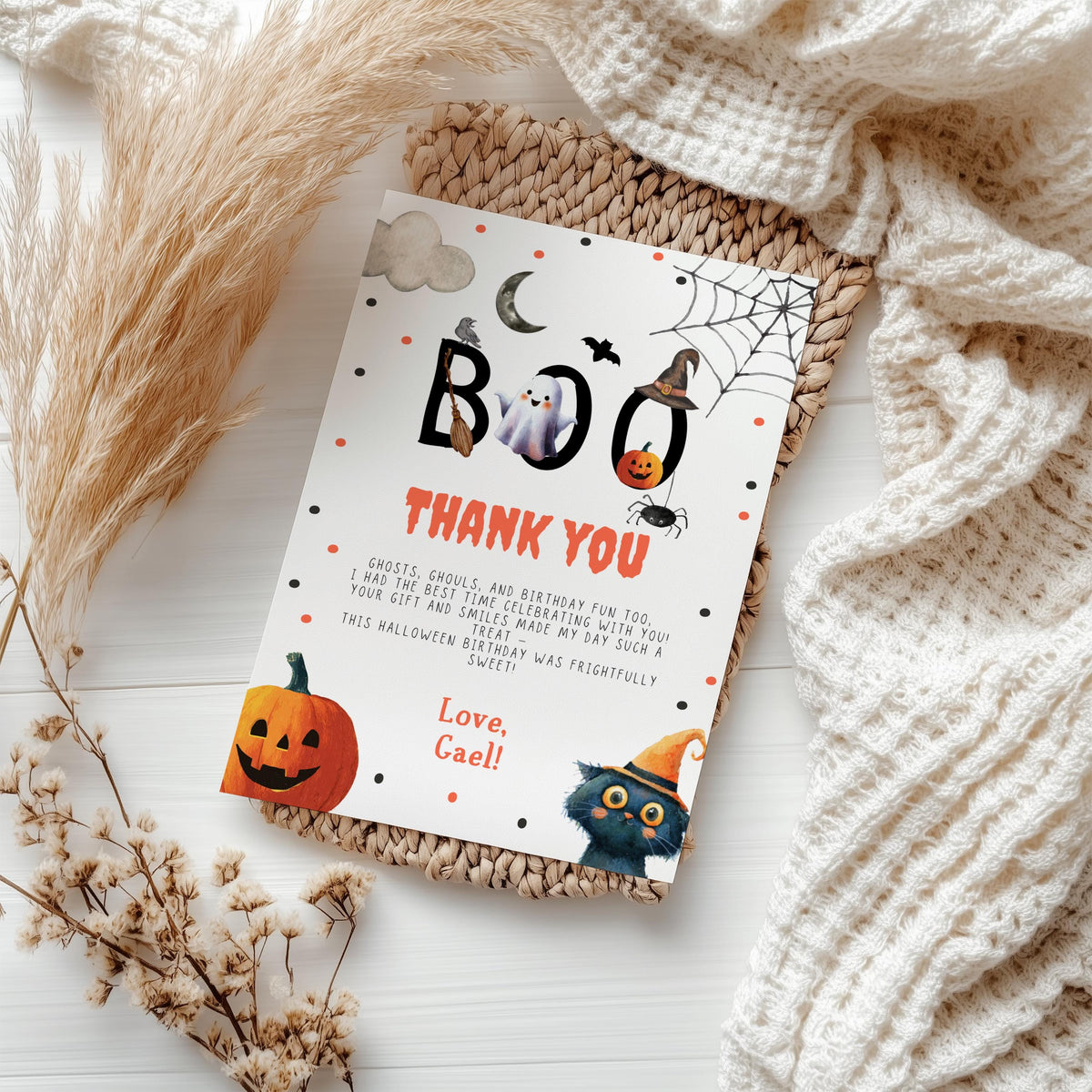 Editable Thanks Boo Halloween Thank You Card Note Ghost Pumpkin Birthday Boy Birthday Digital Download Template Printable