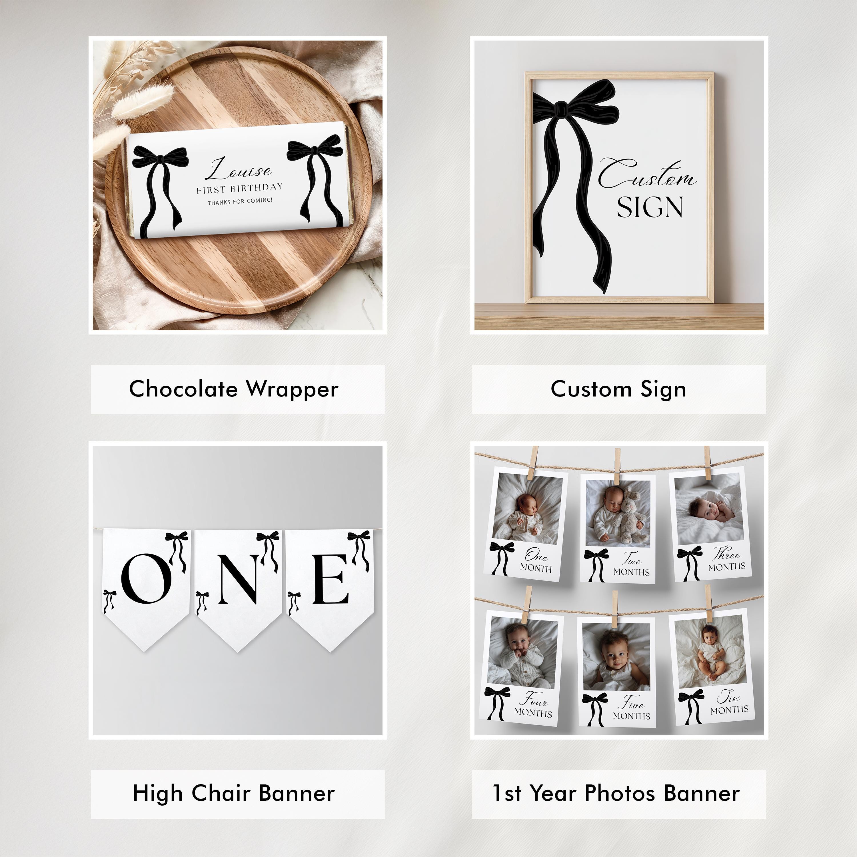 Black Bow Minimalist First Birthday Bundle, 1st Birthday Party Set, Gender neutral Decorations, 9174